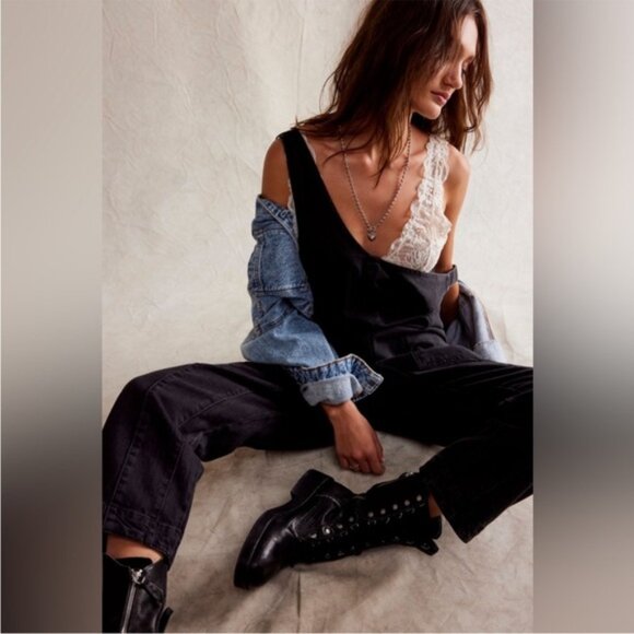 Free People We The Free High Roller Denim Jumpsuit Mineral Black Size Large - Picture 1 of 14